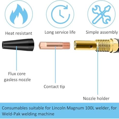 14AK 15AK Buses sans gaz à Noyau de Flux, Embouts de Contact (1,0 mm 0,039") Jeu d'accessoires pour MIG MAG Torche de soudage MB14 MB15 Buse sans air Embout conducteur Pièces de Rechange