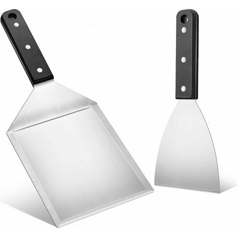 Spatule - Acier Inoxydable - Bord Biseauté - Poignée Ergonomique 12 cm - Pour Barbecue Plancha Teppanyaki - Lot de 2