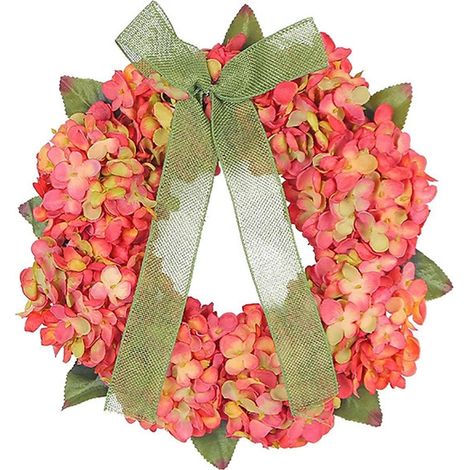 Couronne de porte en fleurs artificielles – Hortensias artificiels – Décoration automnale – Pour jardin, Thanksgiving et Noël – Orange rouge (1/5)