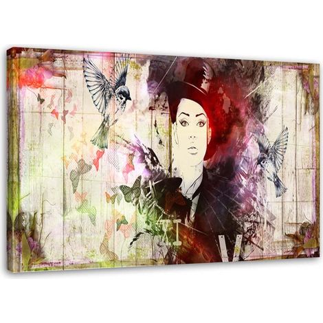 Quadro su tela, Astratto donna cappello uccelli - 100x70 (1/5)