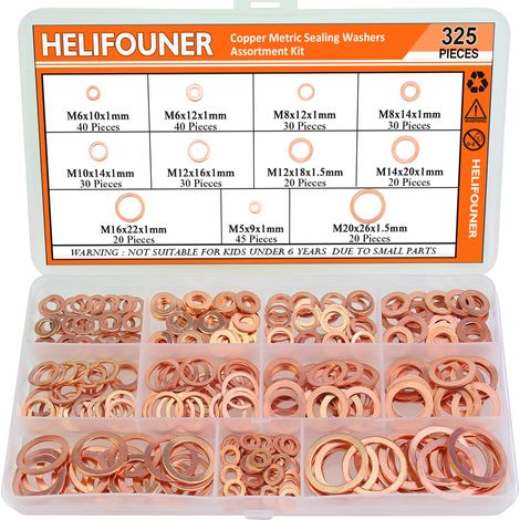 325pcs rondelles en cuivre, 11 tailles rondelles métriques en cuivre, kit d’assortiment de rondelles plates (M5 M6 M8 M10 M12 M14 M16 M20) (1/5)