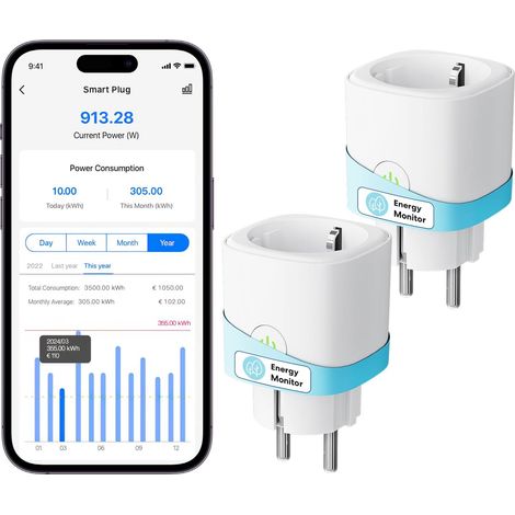 Meross Prise Connectée (Type F), 16A Prise WiFi Compatible avec Alexa et Google Home, Lot de 2 Prises avec Mesure de Consommation Électrique, Commande Vocale et Contrôle à Distance (1/5)