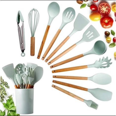 Juego de utensilios de cocina de silicona, 12 piezas, Espátula de silicona, Juego de espátulas de silicona, Volteador, Pinzas, Verde menta (1/5)