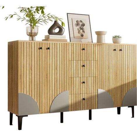 Meuble de rangement - SOGEU - 160x36x94 cm - 4 portes - 4 tiroirs - Aspect bois clair (1/5)