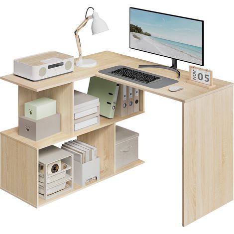Table d'Ordinateur WOLTU, 120x100cm, Bureau d'angle avec Rangement, Bureau en L, Chêne Clair (1/5)