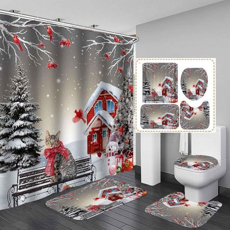 Rideau De Douche - Tapis De Bain Antidérapant - Housse De Couvercle De WC - Tapis En Forme De U - Motif Noël Renne Sapin Flocon - 4 Pièces (1/5)