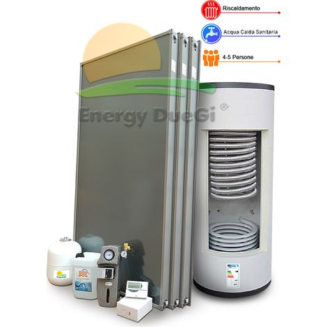 Kit impianto solare termico per stoccaggio di Acqua da Riscaldamento e produzione Acqua Calda Sanitaria, 4-5 persone, termoaccumulo combinato 400 litri, EFMAX