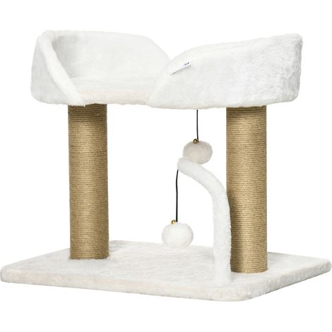 Arbre à chat grattoir design avec jeu 2 pompons suspendus 2 poteaux sisal plateforme peluche sisal 48 x 38 x 42 cm beige