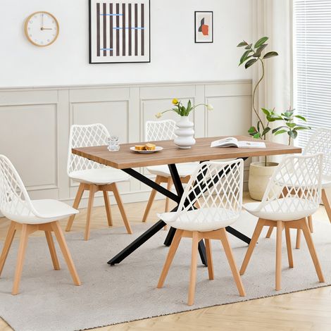 Wokaka Lot Table et Chaises à Manger -Table MDF et Métal noir 140cm - avec 6 Chaises Scandinaves de Salle à Manger Blanc - Couleur noyer