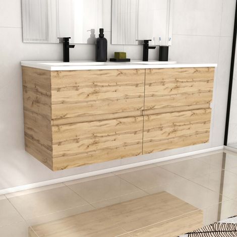 Mobile Bagno 120cm 4 CassettiRovere Naturale + Lavabo Ceramica Bianca - TIMBER 120 (1/5)