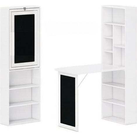 Moderne klappbare Wandschreibtisch mit Regal und Tafel, MDF und Holz, Weiß/Schwarz (1/5)