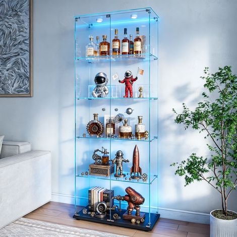 JOOKGBD–Glasvitrine Standvitrine mit LED,2 Türen,5 Glasböden,Vitrinenschrank für Wohnzimmer,Büro,Sammlervitrine,Schwarz