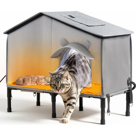 VEVOR Katzenhaus 34 W Katzenhöhle mit Heizmatte 600x310x580 mm Isoliert, Katzenmöbel für Outdoor Winterfest, Platz für 2-3 Katzen, mit Erhöhtem Ständer, Doppeltür & Sichtschutzvorhang, 35–45 °C (1/5)