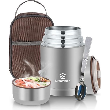 Boîte Alimentaire Isotherme 800ml avec Sac à Lunch, Thermo Isolant Contenant avec Cuillère, Thermos Alimentaire Chaud sans BPA, pour Ecole, Bureau (Gris) (1/5)