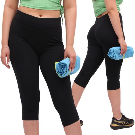Leggings de sport femme 3/4 Firi - Noir 95 % coton, 5 % élasthanne, leggings femme, pantalon capri 3/4, taille XL