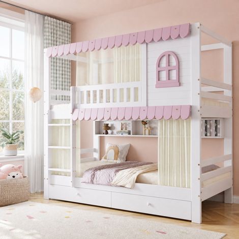 Etagenbett 90x200 cm Weiß-Rosa aus Kiefer und MDF mit Fenstern, Vorhängen, Stauraum und Leiter (1/5)