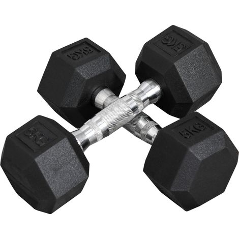 Set di 2 manubri esagonali da 5 kg, ghisa rivestita in gomma, neri (1/5)