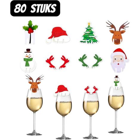 Lot de 80 marqueurs de verres de Noël - En bois renne et chapeau Père Noël - Pour verres à vin - Décoration de fête (1/5)