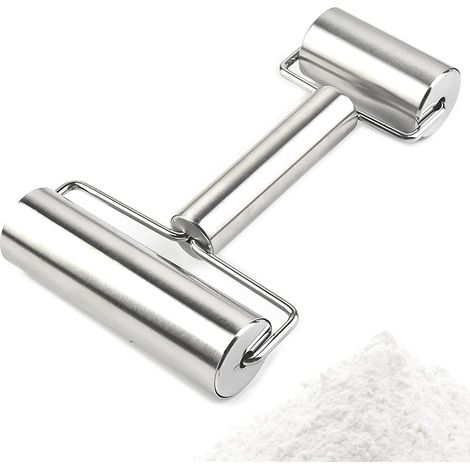 Rouleau à pâtisserie en acier inoxydable, lot de 1, 21 × 16 × 5 cm, couleur argent, surface lisse et antiadhésive, poignée en H, pour pâtisserie, pizzas et cuisson (1/5)