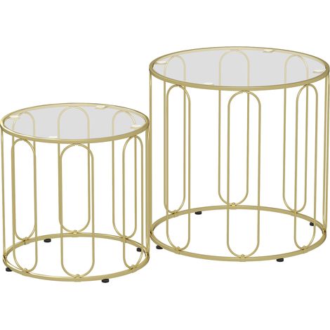 Lot de 2 tables basses gigognes rondes design, piètement métal doré et plateau verre, salon moderne. (1/5)