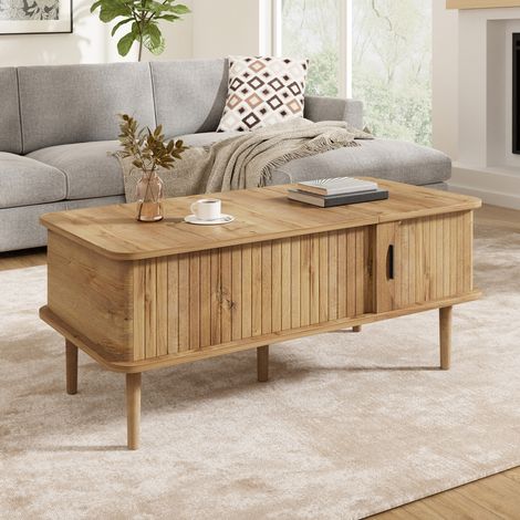 Table basse 100x48 cm avec plateau relevable, porte coulissante rainurée, rangement et pieds en bois, MDF, Bois naturel (1/5)