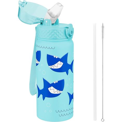 Trinkflasche Kinder Edelstahl Strohhalm Blauer Hai 550ml 18oz (1/5)