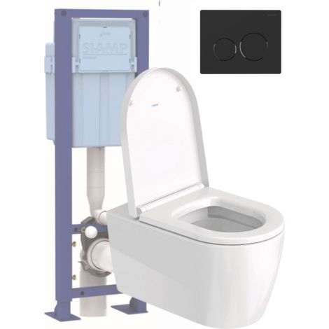 Pack inodoro suspendido sin reborde DURAVIT ME BY STARCK + asiento + soporte SIAMP + placa negra