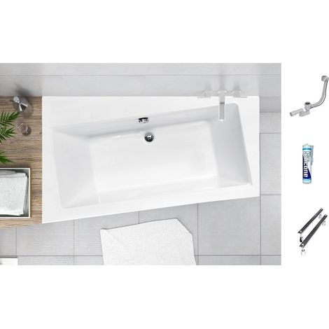 ECOLAM® Badewanne Eckbadewanne  160x100 cm LINKS Infinity Trapezwanne für Zwei Personen mit Abfluss mittig Ablaufgarnitur Füße Silikon SET