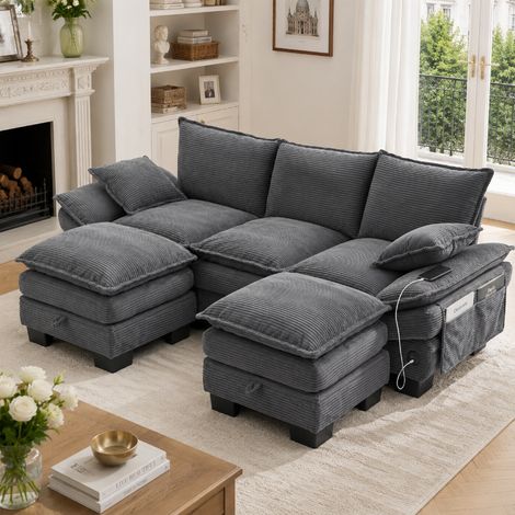 Modulares 3-Sitzer Cordsofa mit 2 Hockern und Stauraum, Sofa mit USB-C Anschluss und breiter Sitzfläche, 260x132x84cm, Dunkelgrau (1/5)