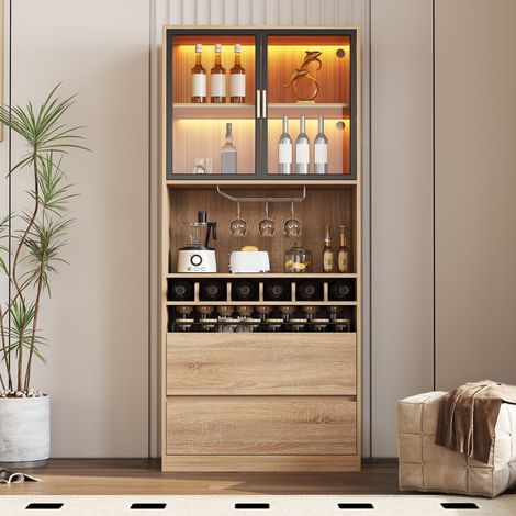 Vitrine 80x40x180 cm – Holzvitrine – mit Glastüren – Schubladen – Weinkühlschrank – Sammlervitrine – LED-Vitrine – Natur (1/5)
