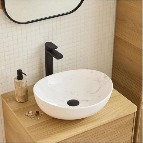 Mob-In – Vasque à poser ovale en céramique 48x37cm – Décor imitation marbre – Trou d'évacuation standard 45mm – Facile à entretenir
