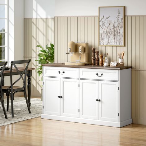 Buffet salon, meuble de rangement avec 4 portes, 2 tiroirs silencieux, étagères réglables, blanc et marron, 140x40x85cm (1/4)