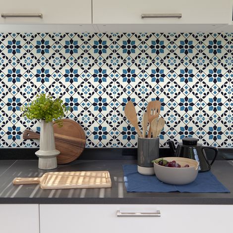 Sticker Mural Carrelage adhésif Cuisine Salle de Bain - 9 STICKERS CARREAUX DE CIMENT AZULEJOS ZARIA - 9stickers15x15cm (1/5)