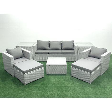 Fimous 7 places Salon de jardin avec Canapé 3 places 2 Chaise Table basse carrée 2 Grand tabourets 2 Tables d'appoint Gris clair mixte (1/5)