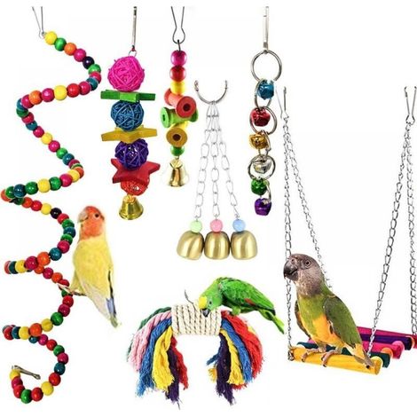 Set of 7 parrot cage toys, wooden chew perches for conures, cockatiels, macaws, parrots and other cute birds (1/4)