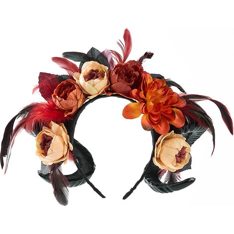 Halloween headband, Christmas ram horn headband, Gothic flower feather hair accessory, Cosplay photography headband, Lolita (1/5)
