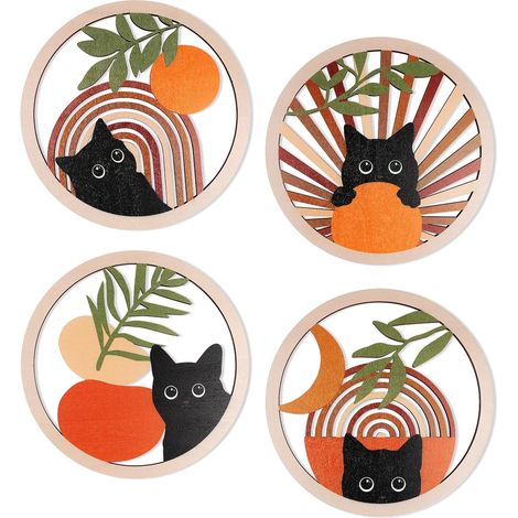 Set di 4 decorazioni da parete in legno in stile bohémien - Decorazione da parete a forma di gatto vintage - Arte minimalista per soggiorno, fattoria (gatto marrone) (1/5)