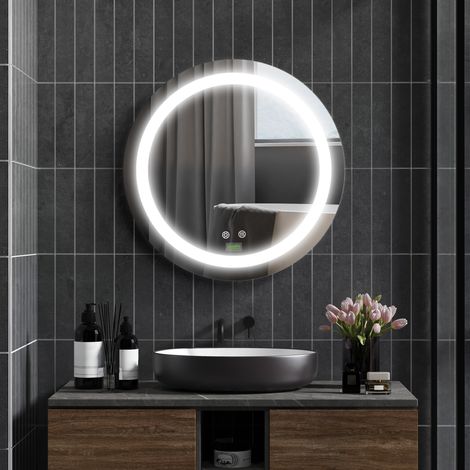 Miroir de Salle de Bain avec Lumière LED Tactile Fonction Mémoire Brightness et Couleur Ajustable et Antivapeur Ø50x4.6 cm Argent