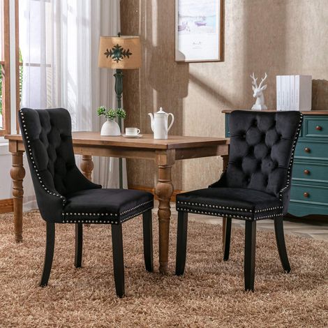 Chaises de salle à manger velours capitonné, lot de 2, pieds en bois massif, clous décoratifs, design moderne haut de gamme, noir (1/5)