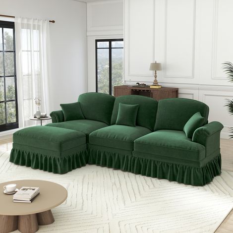 Canapé d'angle 3 places en chenille vert, style vintage, accoudoirs évasés, tablier amovible, pieds fuselés, pouf mobile – assise profonde pour salon, milieu du siècle