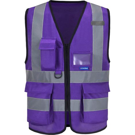 Sicherheitsweste mit Reflektorstreifen, Reißverschluss und Taschen, Lila, Größe XS (1/4)