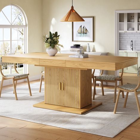 Tavolo da pranzo allungabile 140–180 cm con contenitore integrato, MDF e metallo, legno chiaro (1/5)