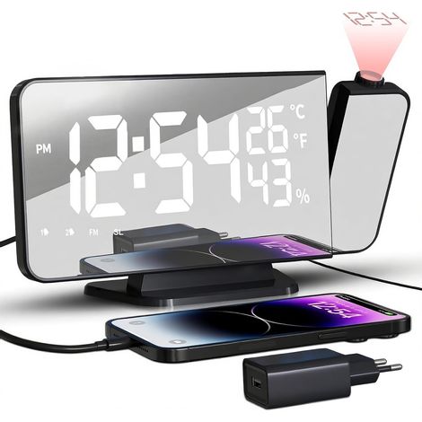 Reveil Projecteur Plafond Radio-Réveil - 180 Projection FM 2 Alarmes Snooze 4 Niveaux de Luminosité 12H24H Écran Miroir Charge USB Réveil Numérique LED Cadeaux de Noël pour Enfants Parents