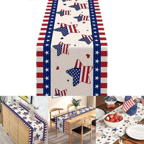 Chemin de table pour le Memorial Day, rayures rouges, bleues et blanches, motif étoiles. Nappe de salle à manger. (1/4)
