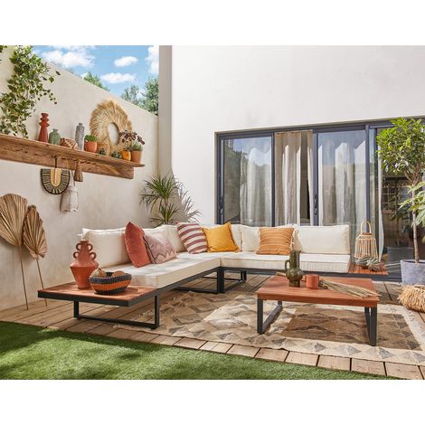 Bestmobilier – Salon bas d'angle de jardin 5 places – Structure métal et bois d'acacia – Coussins déhoussables en tissu polyester – Table basse carrée