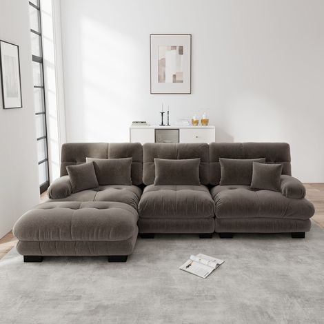 Canapé d’angle modulaire 313x145x81 cm marron en chenille avec ottomans mobiles (1/5)