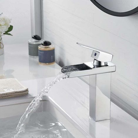Rubinetto da bagno a cascata cromato, XU, miscelatore moderno quadrato in ottone per lavabo, beccuccio largo, acqua calda/fredda, G3/8-Crezuo