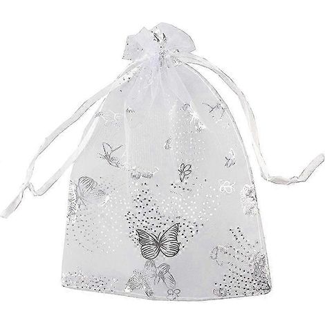 Lot de 100 sachets en organza blancs en forme de nœud (9 x 12 cm), parfaits pour bijoux, bonbons ou cadeaux de mariage. (1/5)