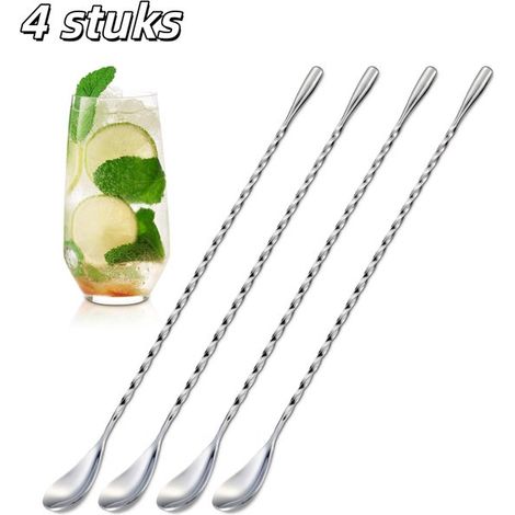 pièces - Cuillères - Acier inoxydable - Cuillères à mélanger - Long manche - Motif en spirale - Bâtonnets à mélanger pour cocktails - 30 cm de long - Couleur argentée (1/5)
