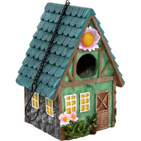 Casita para pájaros colgante decorativa, linda jaula de resina para exteriores, figura de casita para pájaros colgante para cacatúas, guacamayos, periquitos y pinzones. (1/5)